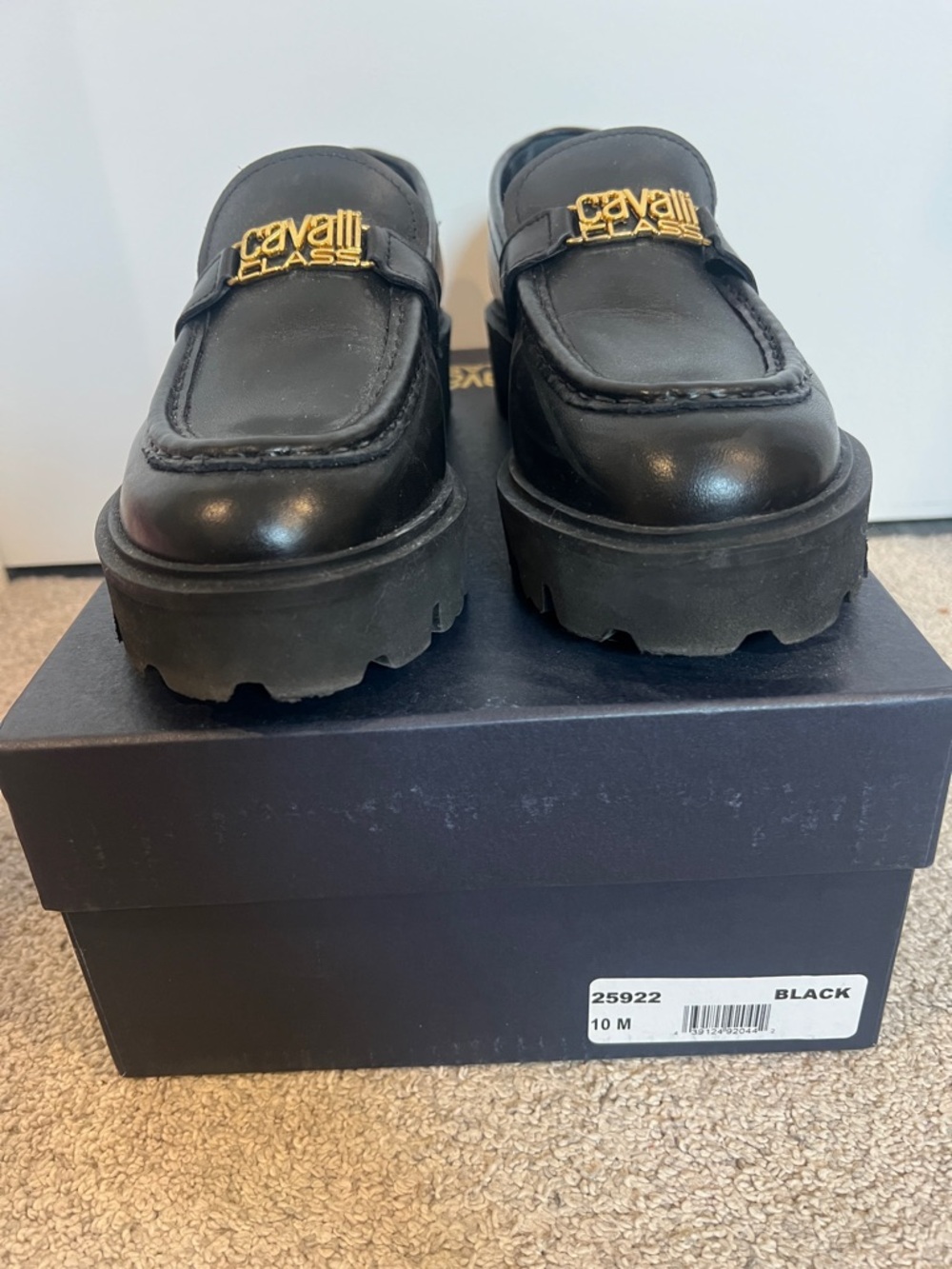 Cavalli Class Black Leather Platform Loafers with Gold Logo
